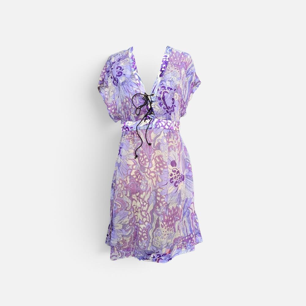 Y2k Liu Jo Purple Floral Silk Lace-Up Boho Mini Dress - Size Small